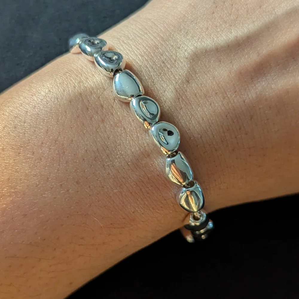 925 Solid Sterling Silver Beaded Bangle Bracelet Minimalist Quiet Luxury Pebble - Picture 2 of 6